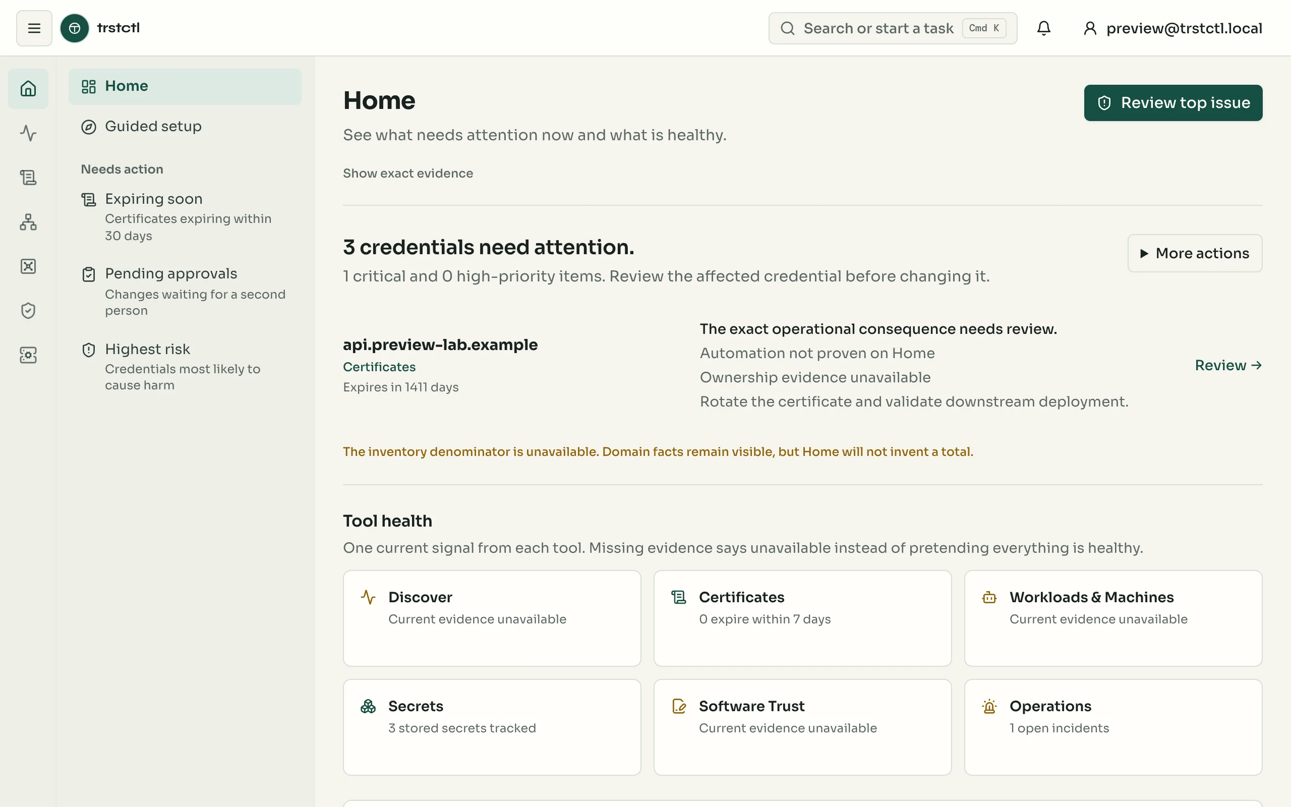 The trstctl console: three credentials need attention, each with its operational consequence spelled out, above a tool-health row covering Discover, Certificates, Workloads and Machines, Secrets, Software Trust and Operations.